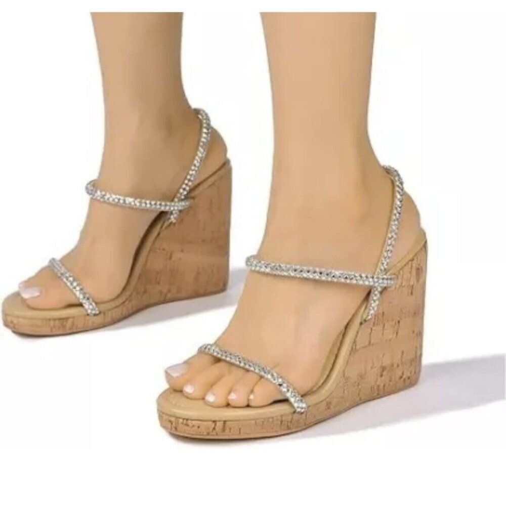 Women's Size 9 Silver Rhinestone Open Toe Platform Wedge Heeled Heeled Sandals